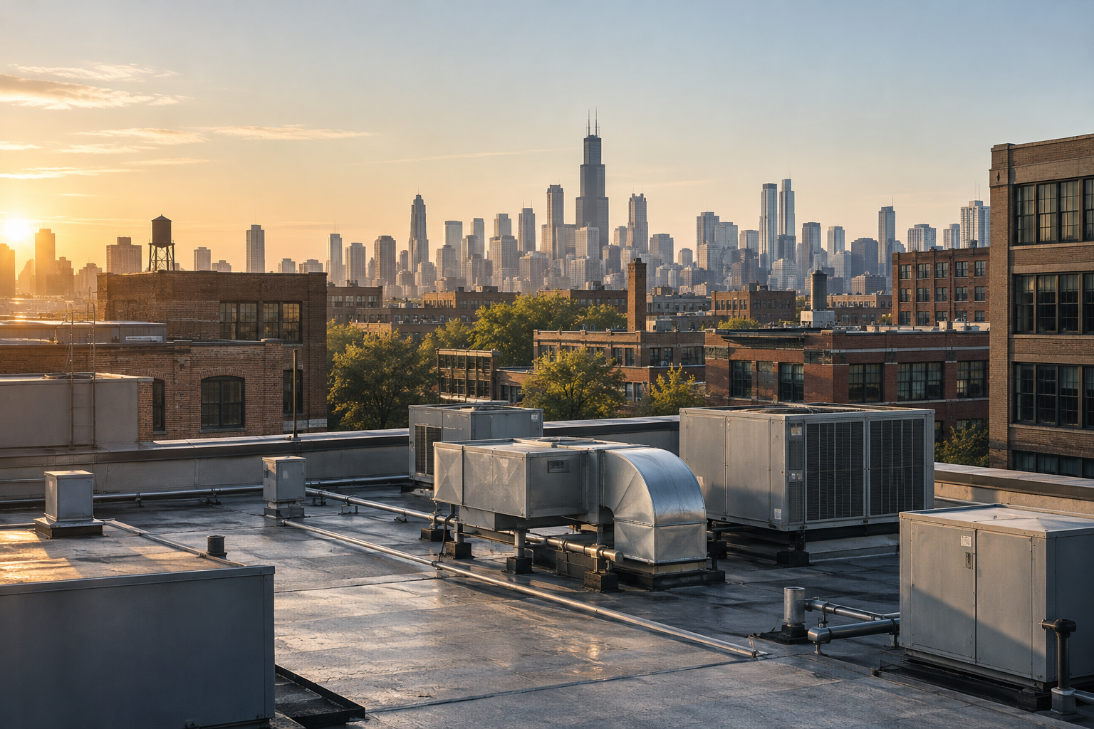 Illustrative commercial rooftop equipment with a Chicago-inspired skyline at sunrise